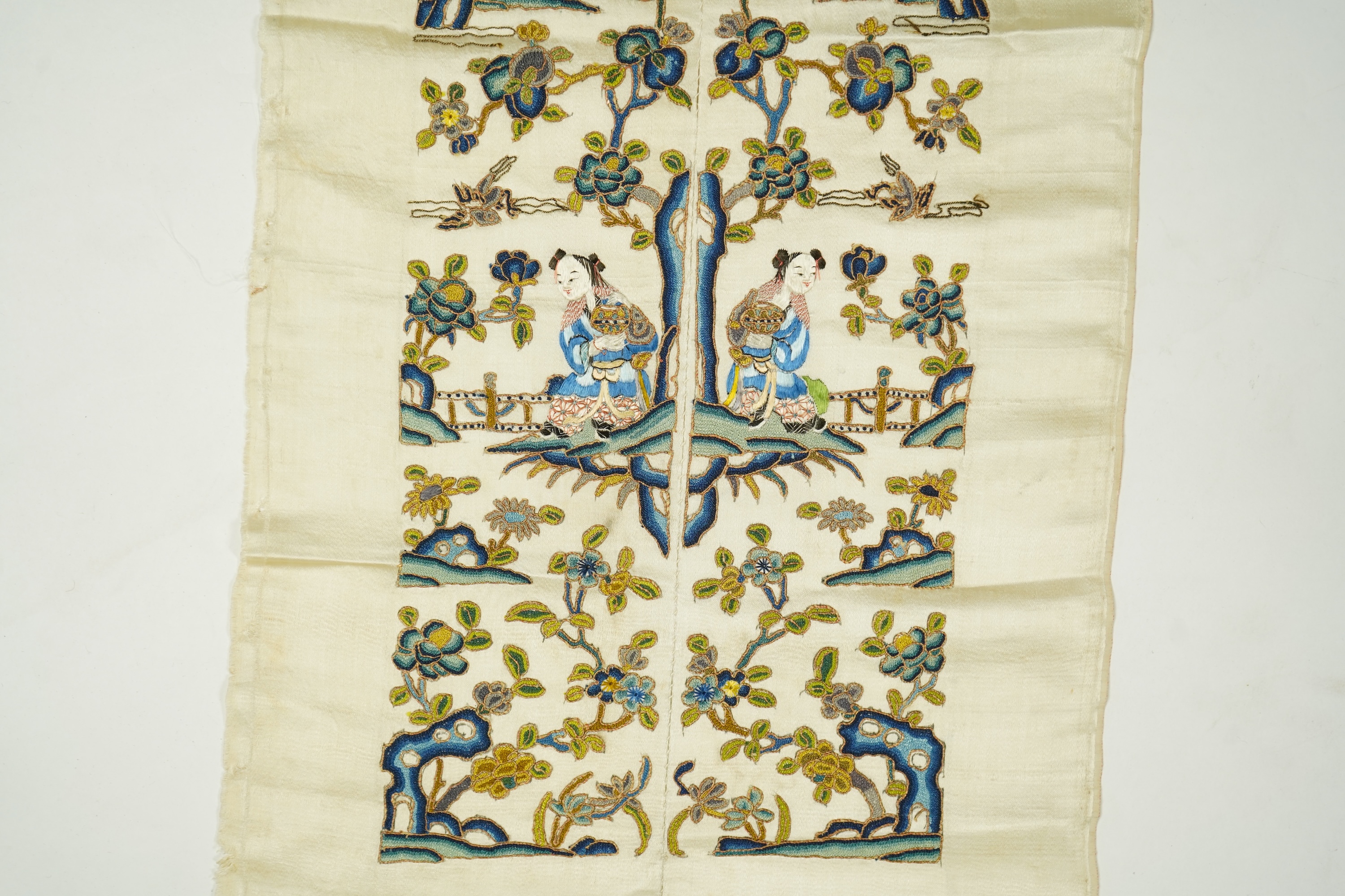A pair of late 19th century Chinese figurative silk embroidered sleeve bands. Embroidered on cream silk using mostly Chinese knot, couched with gold thread. 53cm x 9cm each wide. Condition - cream silk, embroidery are bo